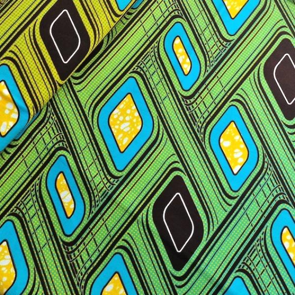 Afrikanischer Wax Print Stoff Baumwolle YELLOW TURQUOISE RETRO